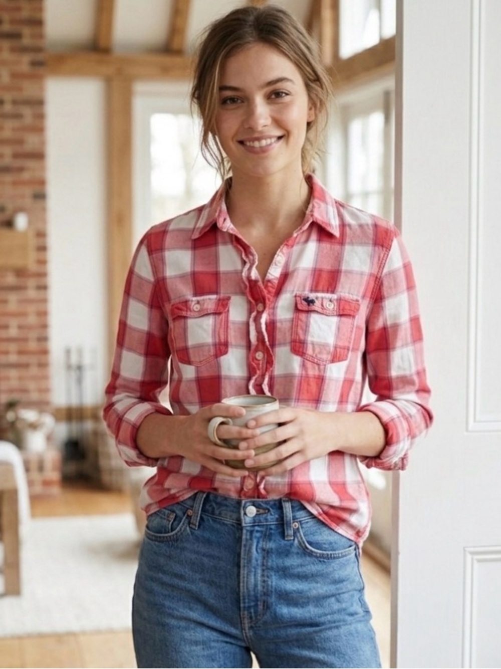 Abercrombie & Fitch Red, White and Blue Plaid Button Down Shirt size Large